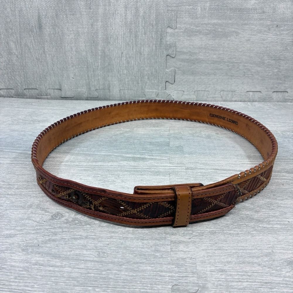 Circle Y Western Lizard Belt Mens 38 Silver Braided Leather Detail Stitching